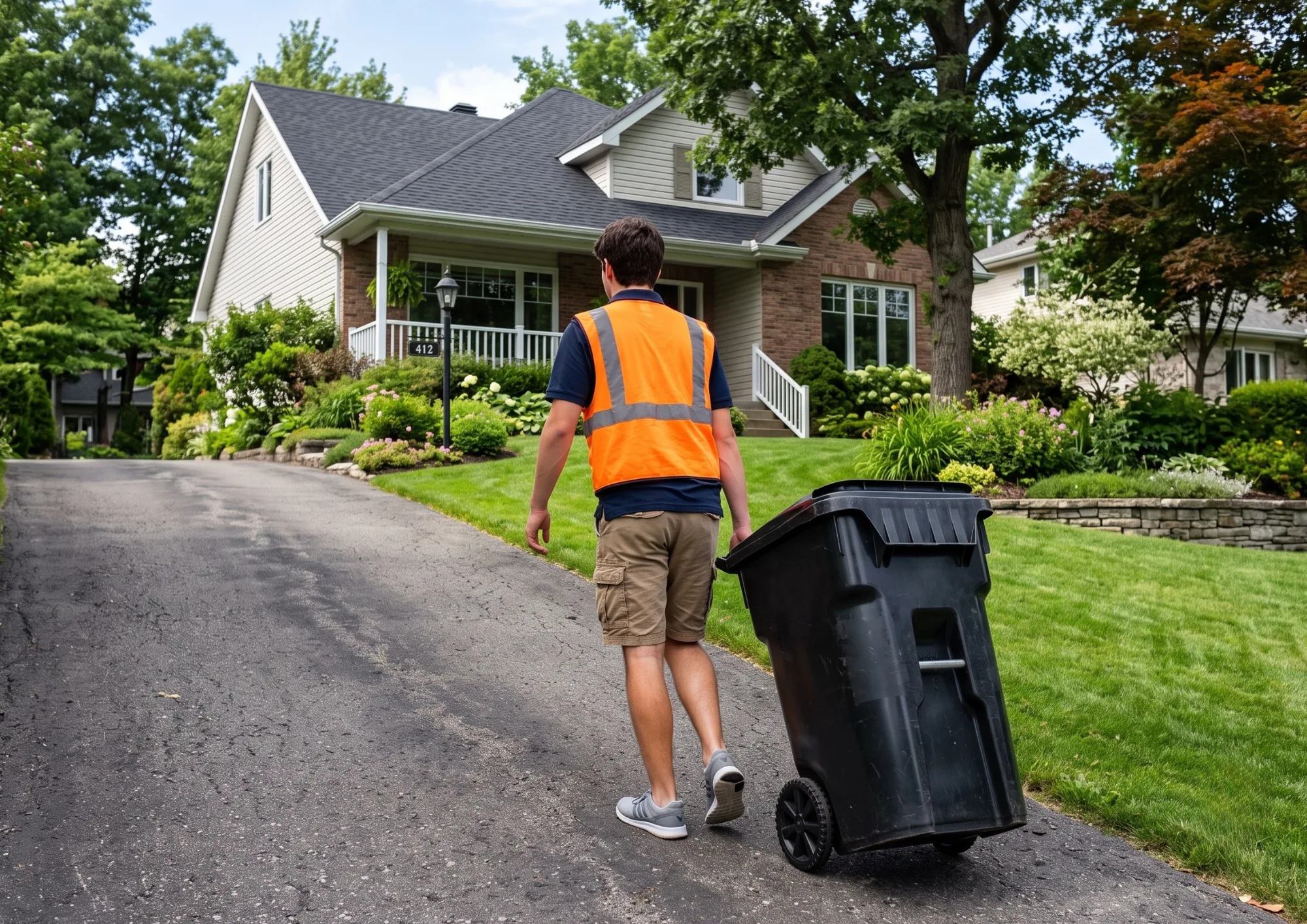 A BinBuddy rolling a trash bin up a driveway toward a home