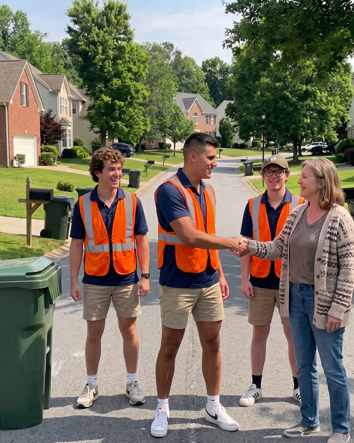 Three friendly BinBuddies in safety vests introducing themselves to a Greater Birmingham homeowner