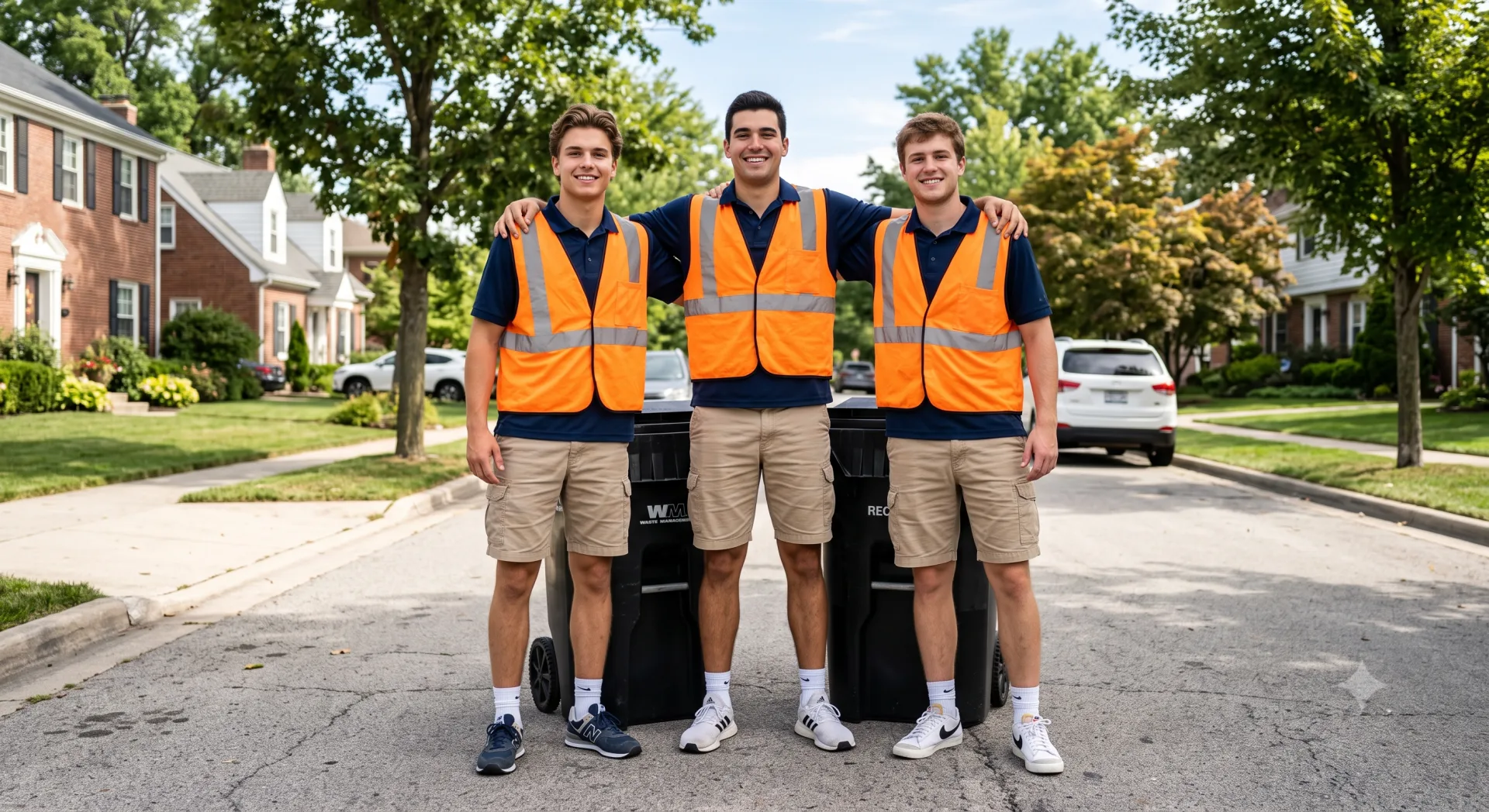 Three BinBuddy contractors standing with trash bins on a Greater Birmingham residential street