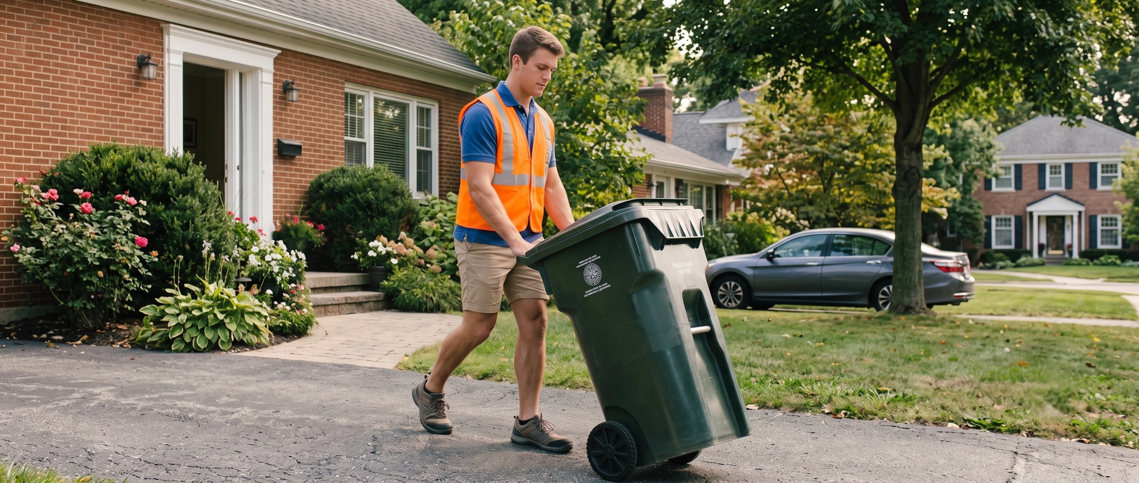 A BinBuddies team member rolling a trash bin to the curb outside a Greater Birmingham home